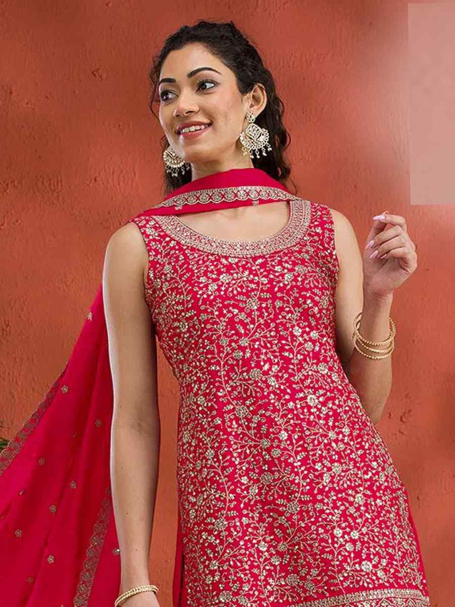 Red Georgette Embroidered Festival Wedding Palazzo Pant Salwar Kameez