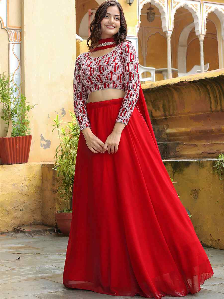 Red Georgette Embroidered Festival Wedding Party Reception Heavy Border Lehenga Choli