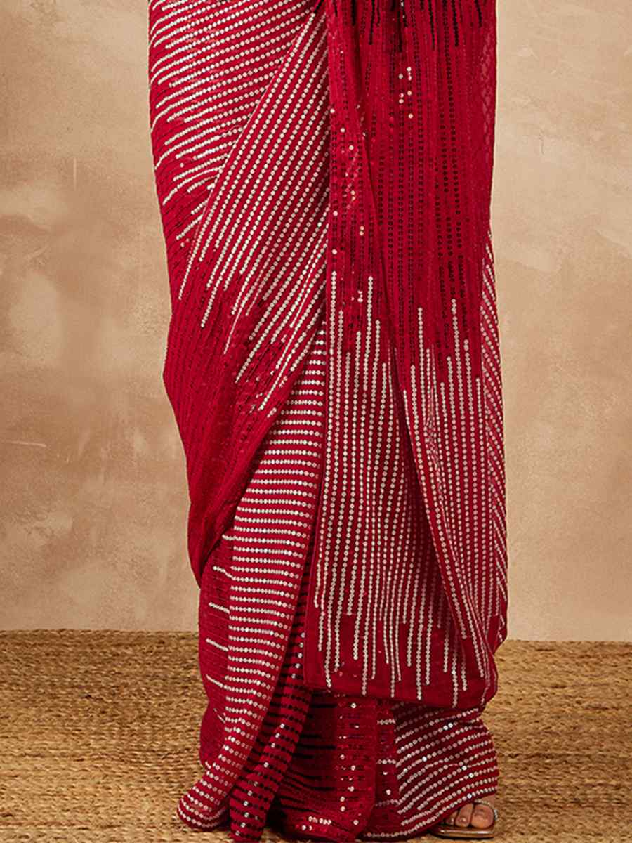 Red Georgette Embroidered Party Cocktail Classic Style Saree