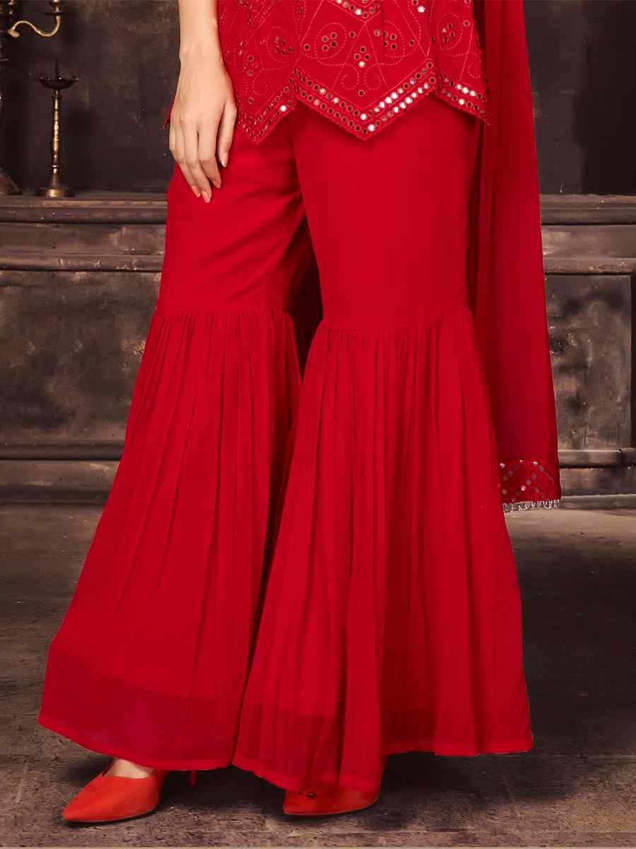 Red Georgette Embroidered Party Engagement Sharara Pant Salwar Kameez