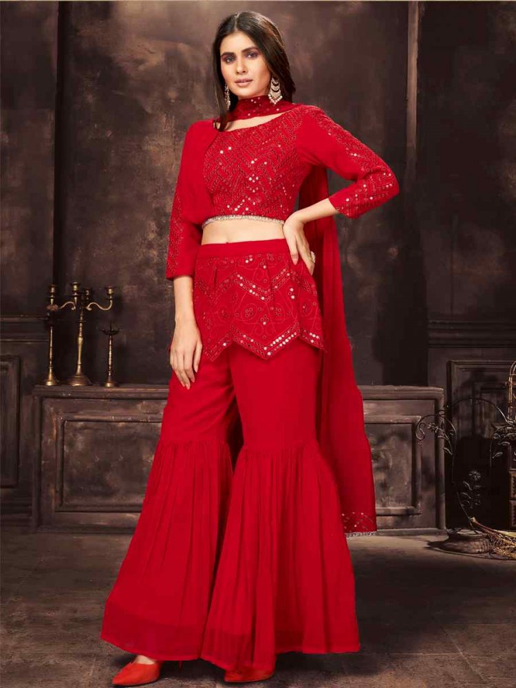 Red Georgette Embroidered Party Engagement Sharara Pant Salwar Kameez