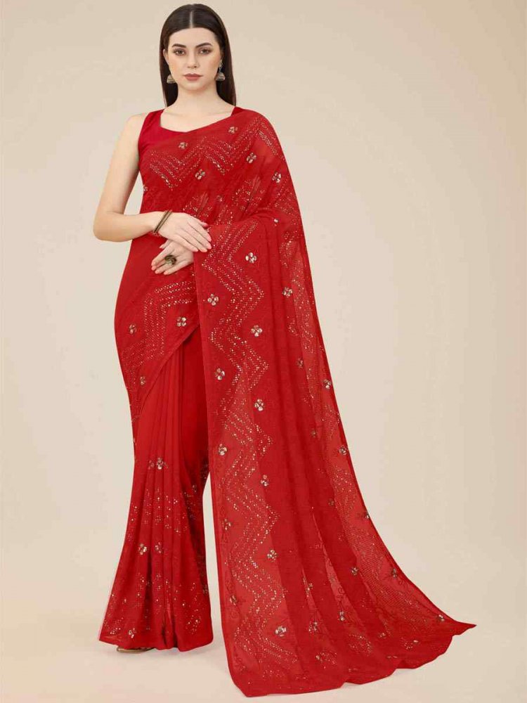 Red Georgette Embroidered Party Festival Heavy Border Saree