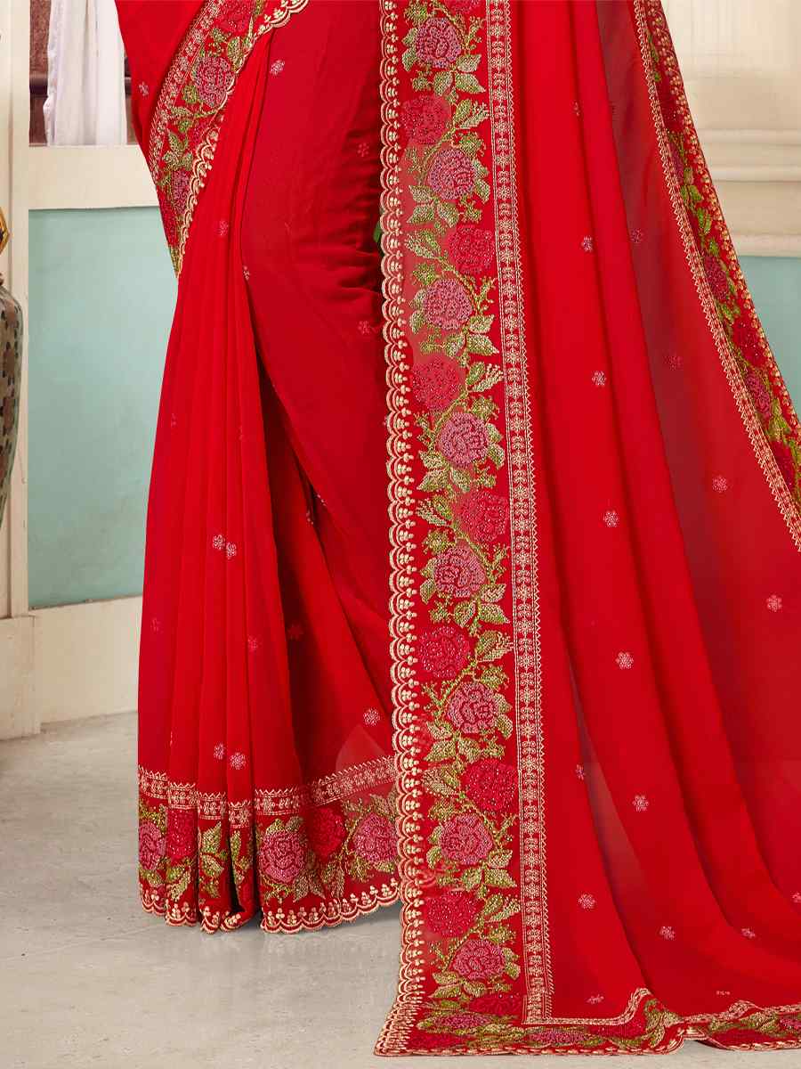Red Georgette Embroidered Party Festival Heavy Border Saree