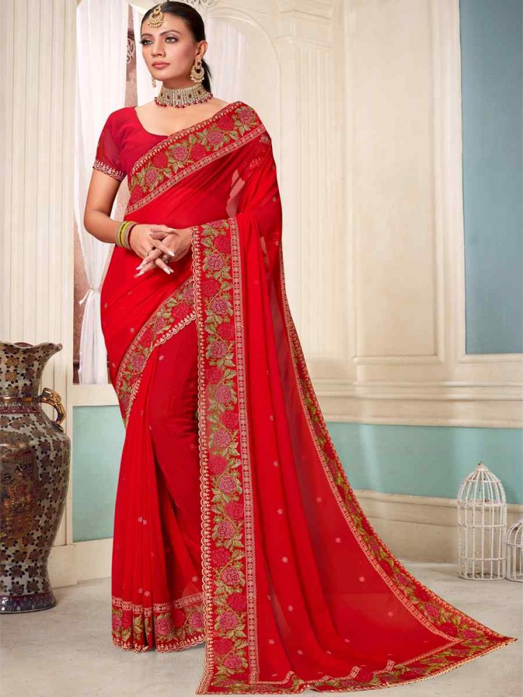 Red Georgette Embroidered Party Festival Heavy Border Saree