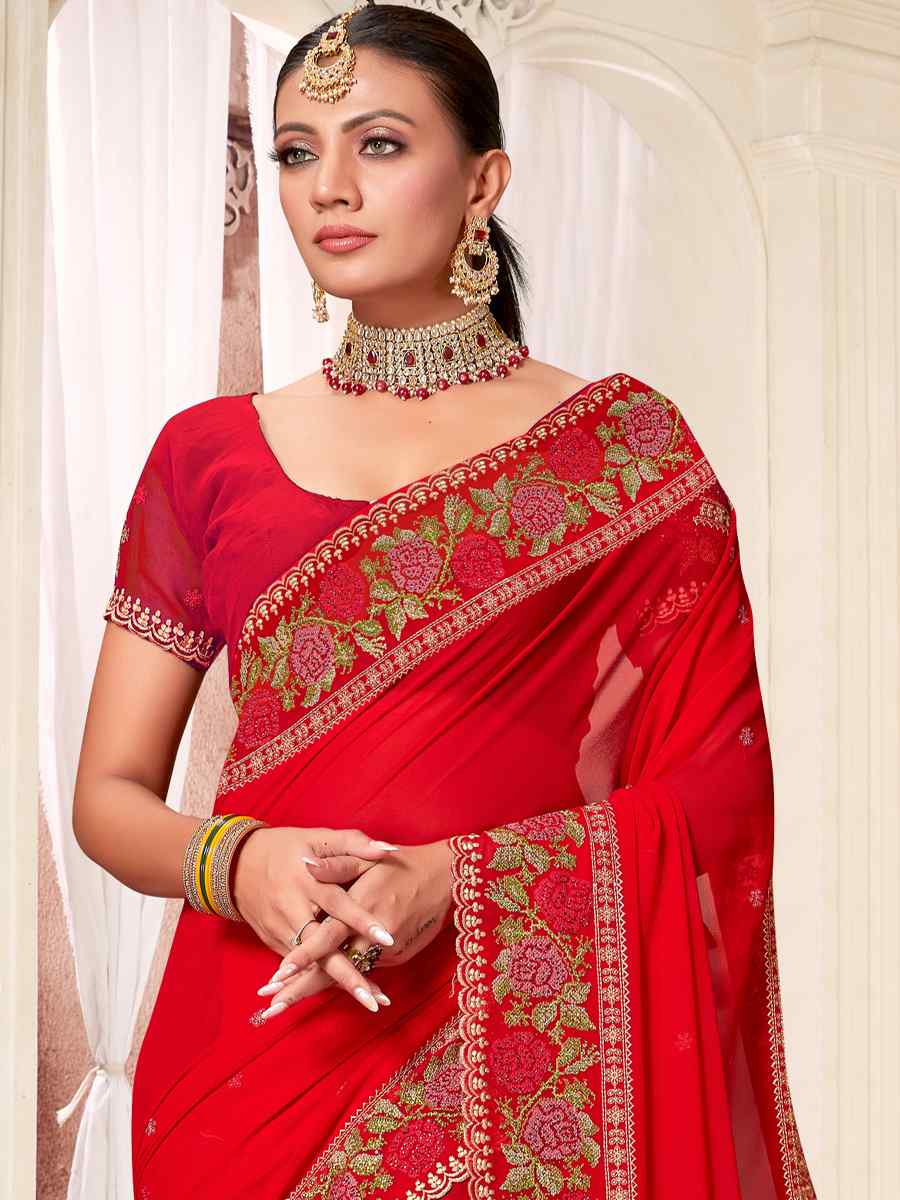 Red Georgette Embroidered Party Festival Heavy Border Saree