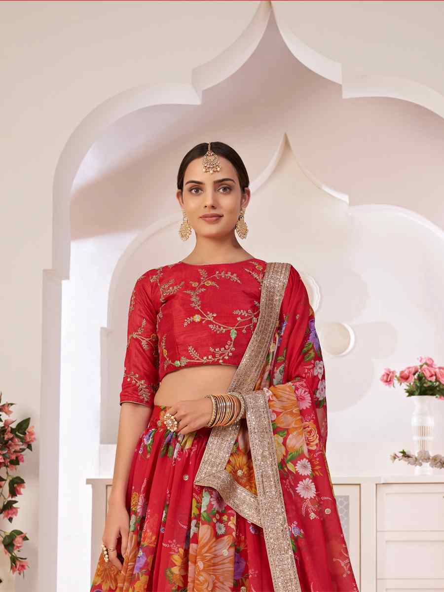 Red Georgette Embroidered Printed Sequins Wedding Festival Traditional Lehenga Choli