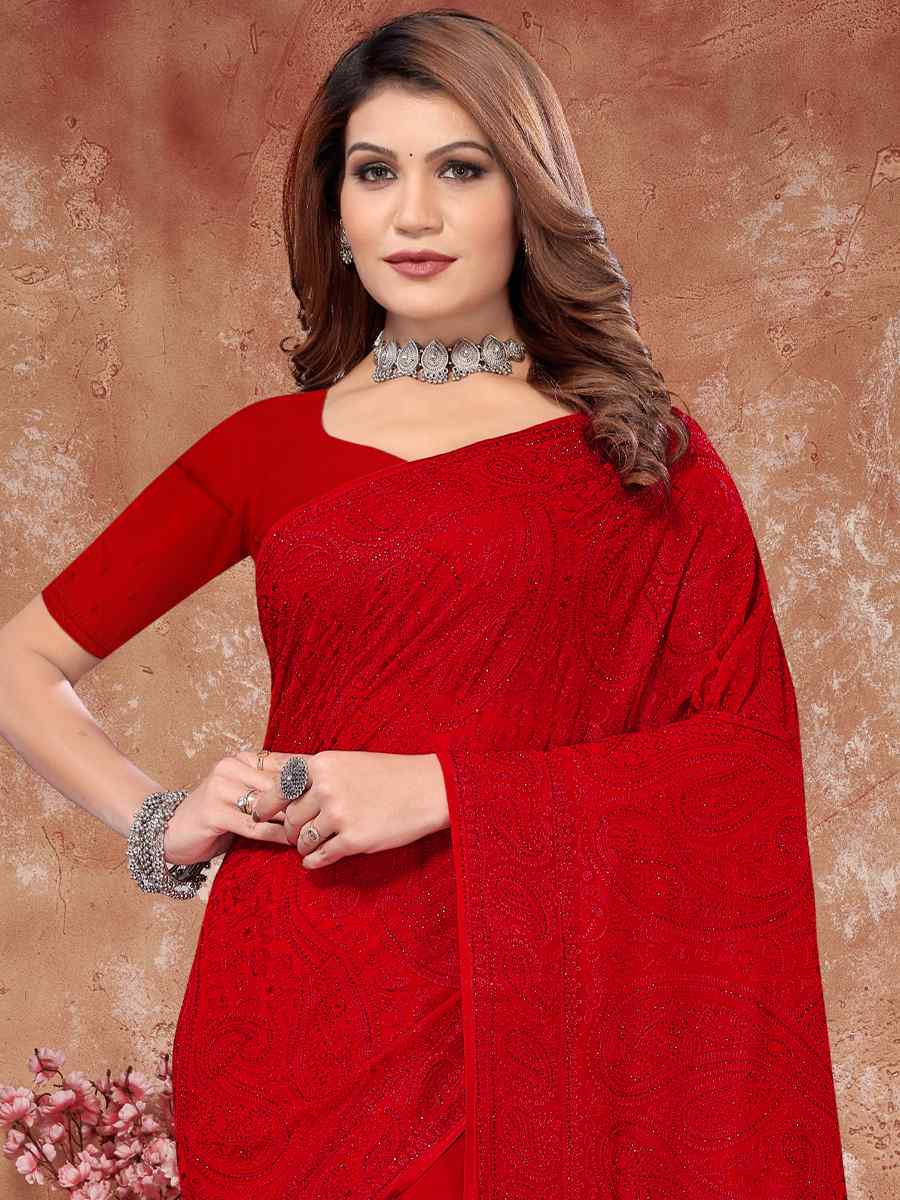 Red Georgette Embroidered Reception Party Heavy Border Saree