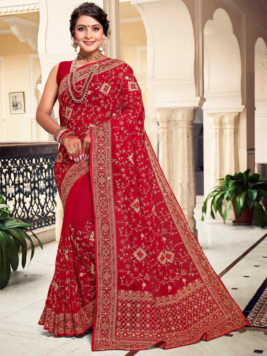 Red Georgette Embroidered Reception Party Heavy Border Saree