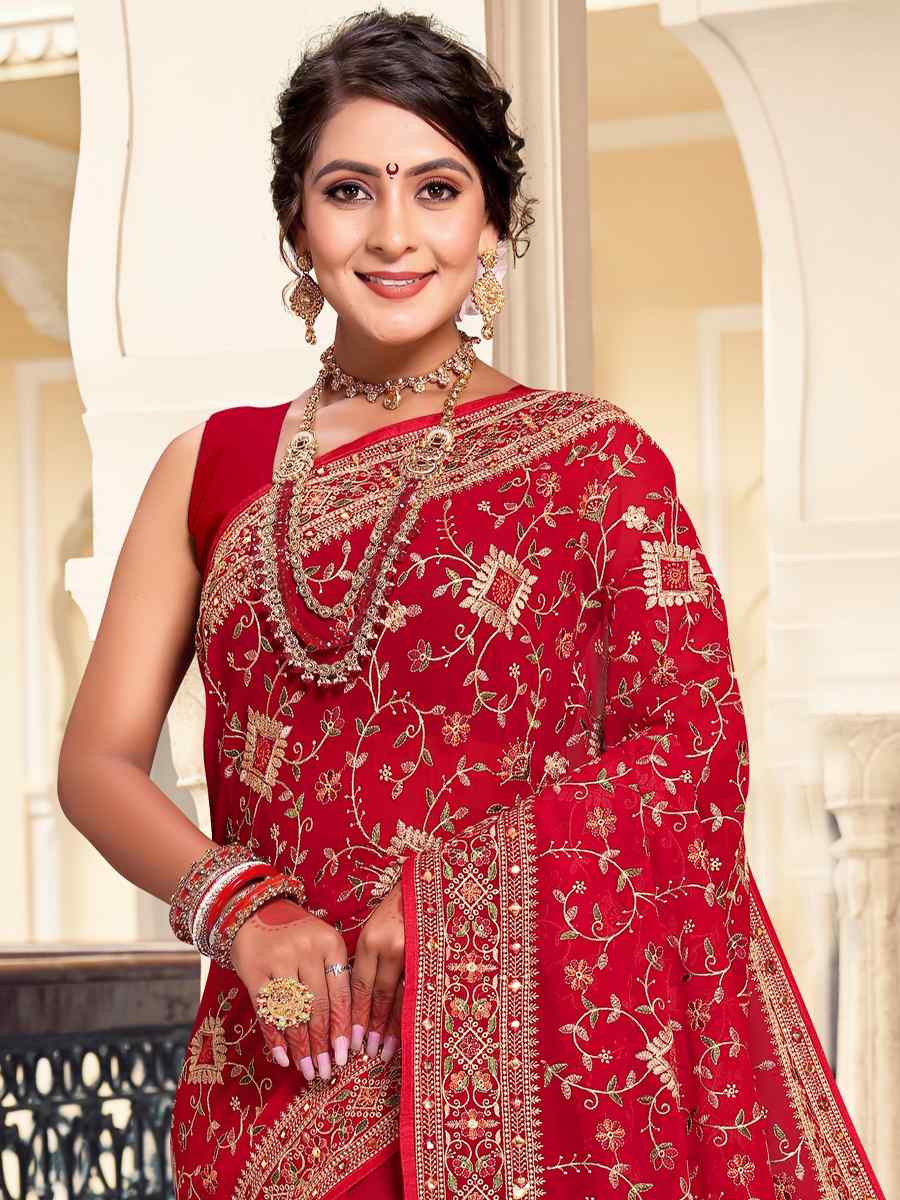 Red Georgette Embroidered Reception Party Heavy Border Saree