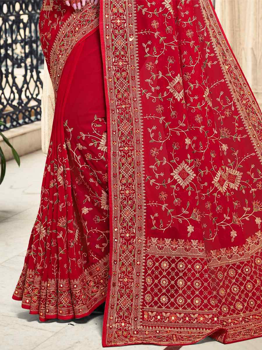 Red Georgette Embroidered Reception Party Heavy Border Saree