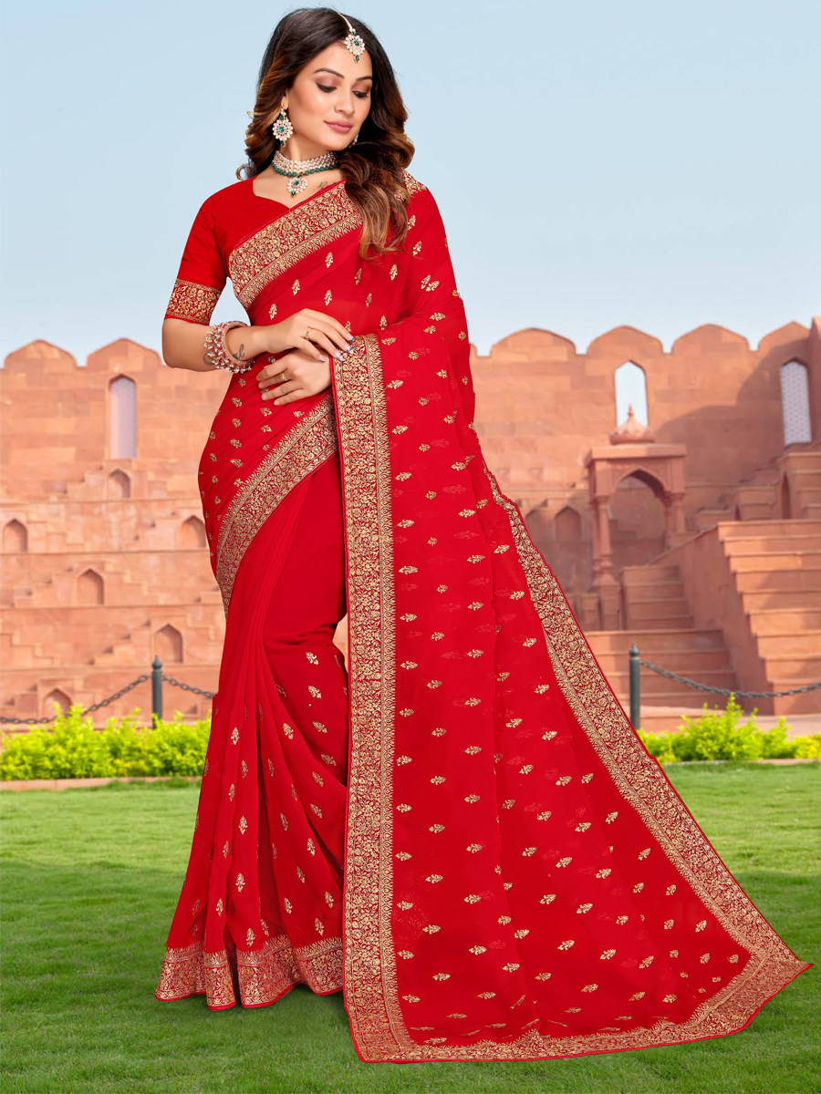 Red Georgette Embroidered Reception Party Heavy Border Saree