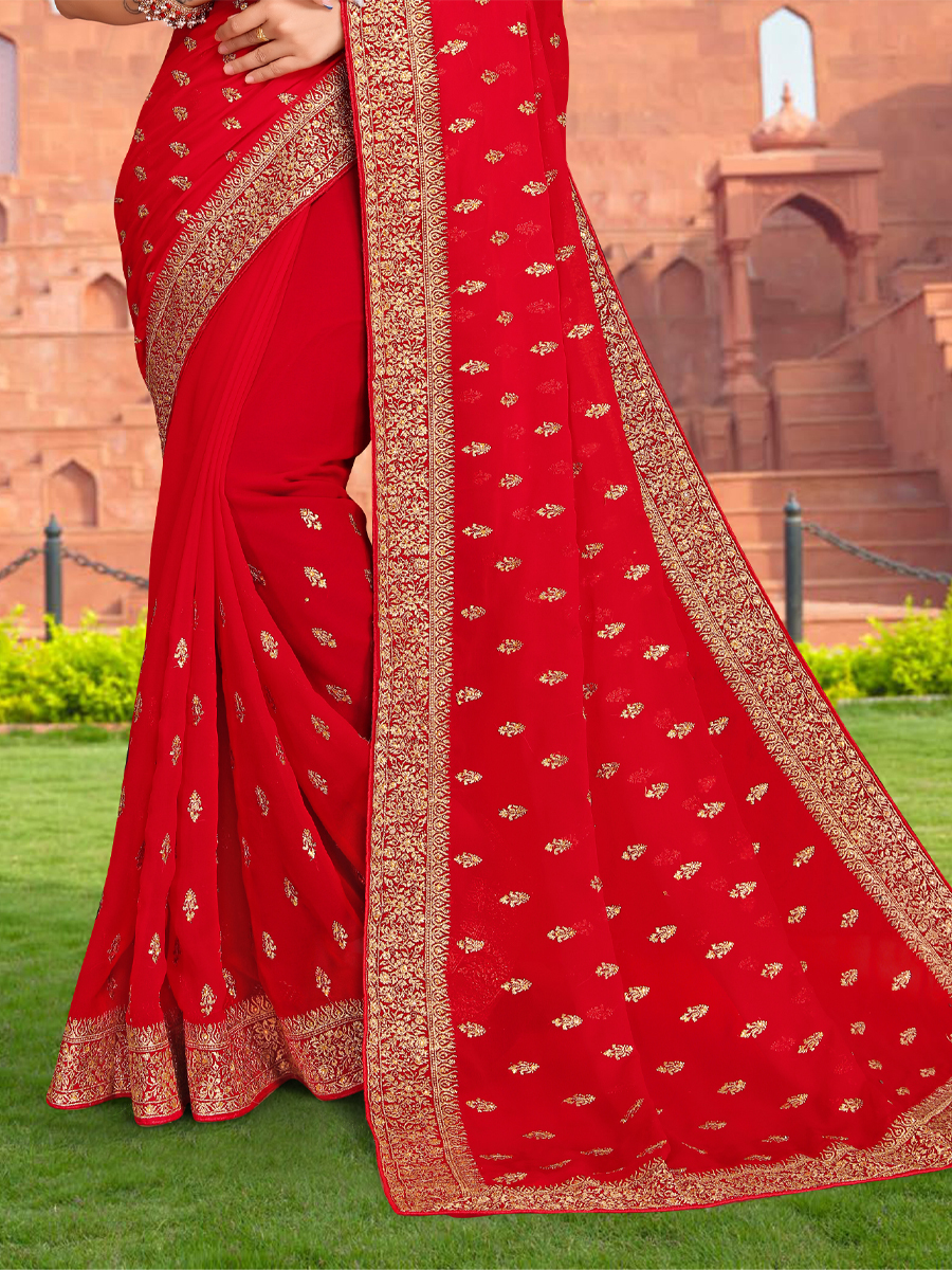 Red Georgette Embroidered Reception Party Heavy Border Saree