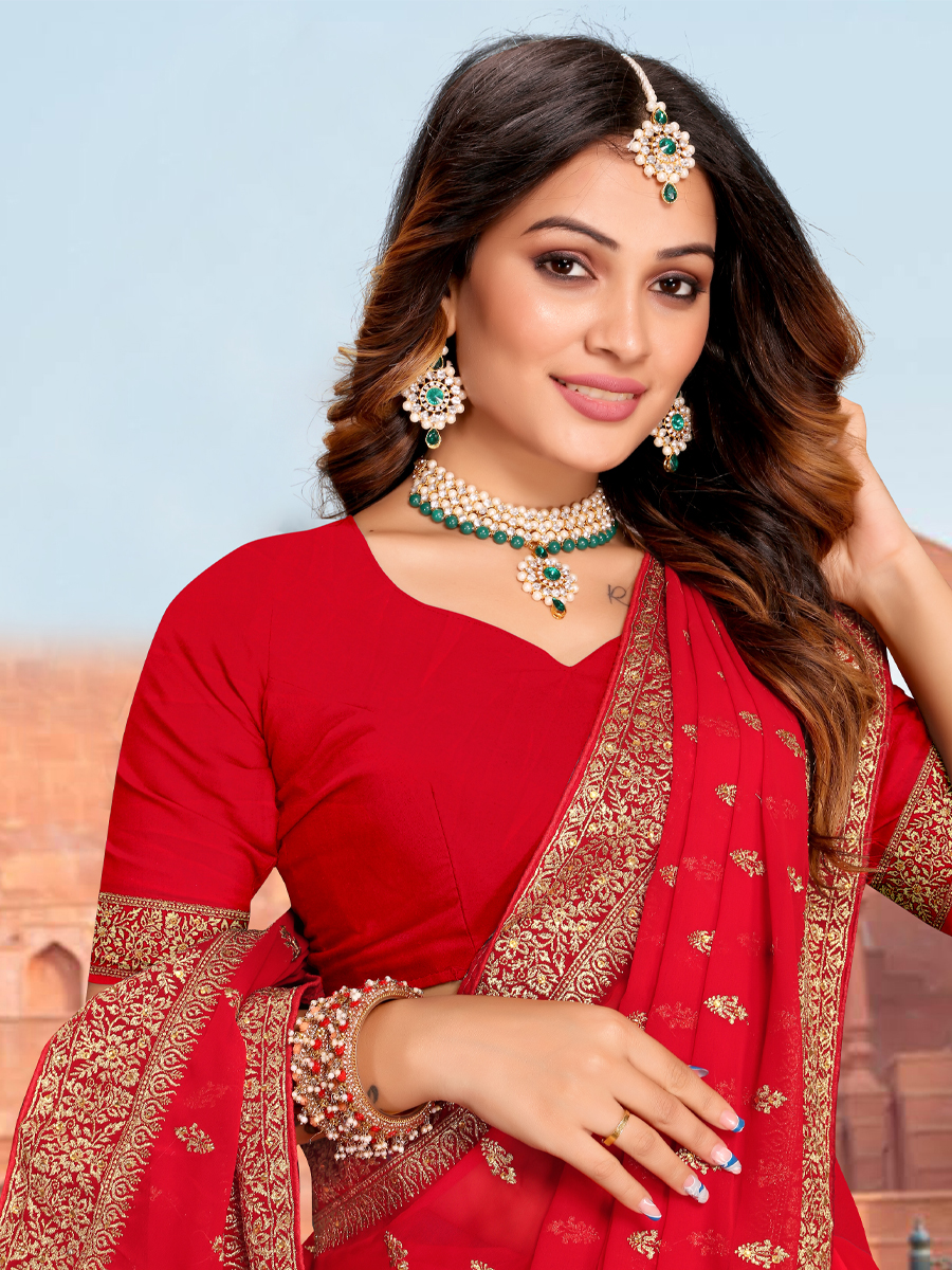 Red Georgette Embroidered Reception Party Heavy Border Saree