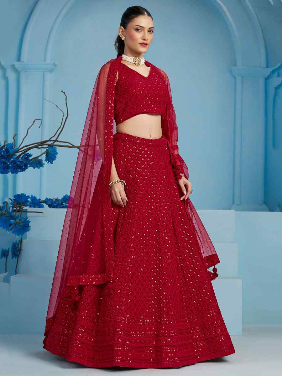 Red Georgette Embroidered Reception Wedding Heavy Border Lehenga Choli