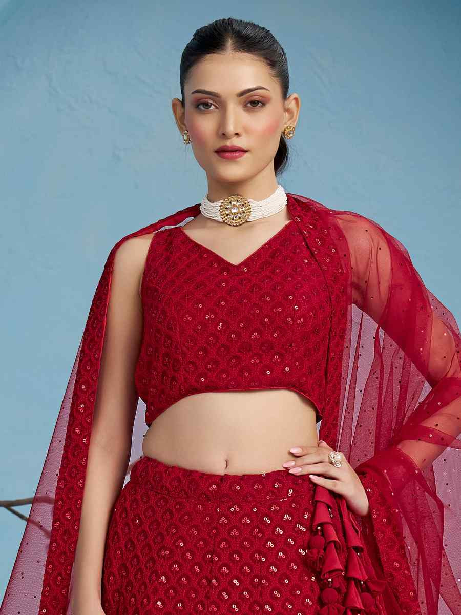 Red Georgette Embroidered Reception Wedding Heavy Border Lehenga Choli