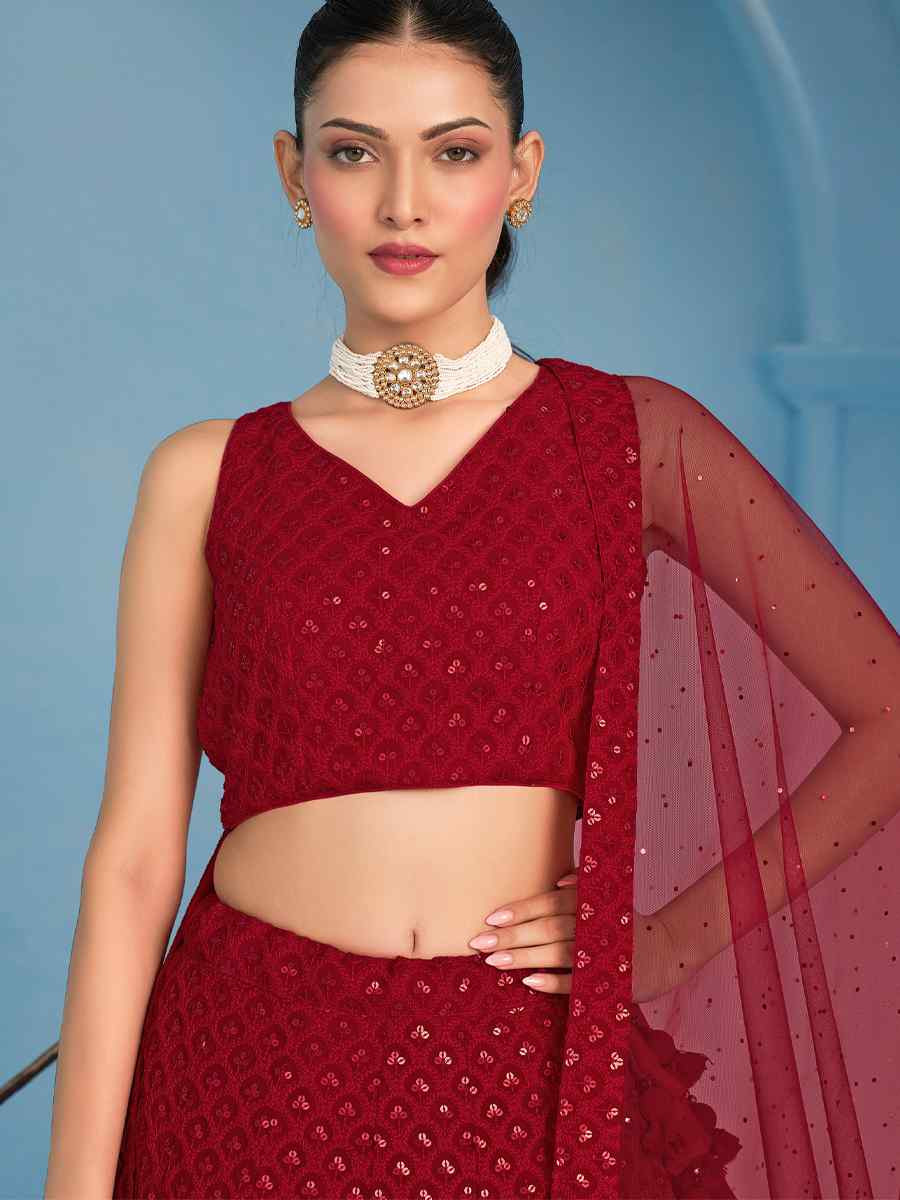 Red Georgette Embroidered Reception Wedding Heavy Border Lehenga Choli