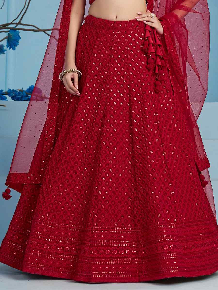 Red Georgette Embroidered Reception Wedding Heavy Border Lehenga Choli