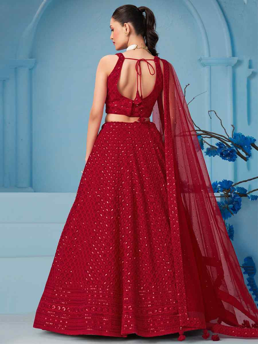 Red Georgette Embroidered Reception Wedding Heavy Border Lehenga Choli