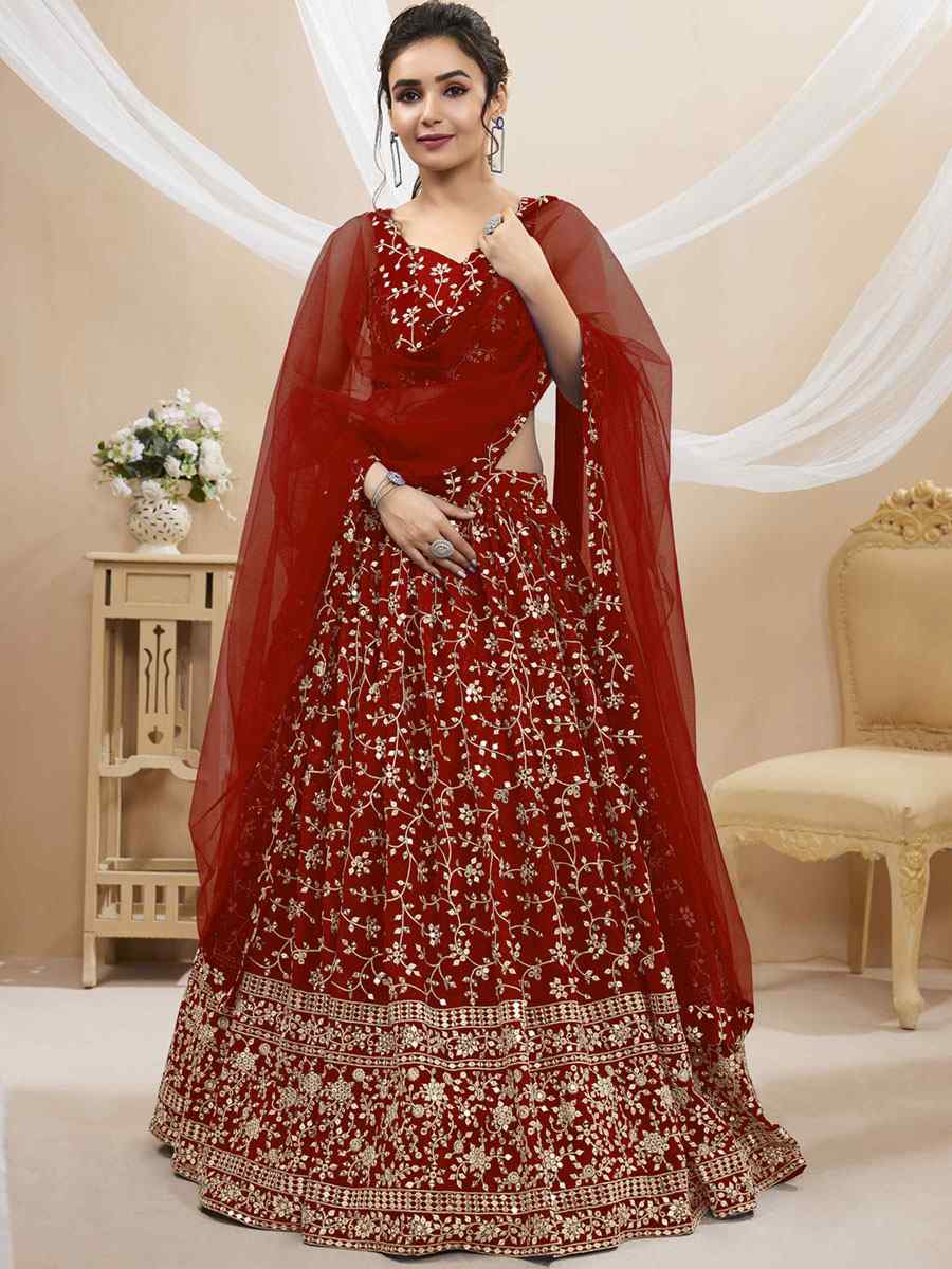 Red Georgette Embroidered Reception Wedding Heavy Border Lehenga Choli