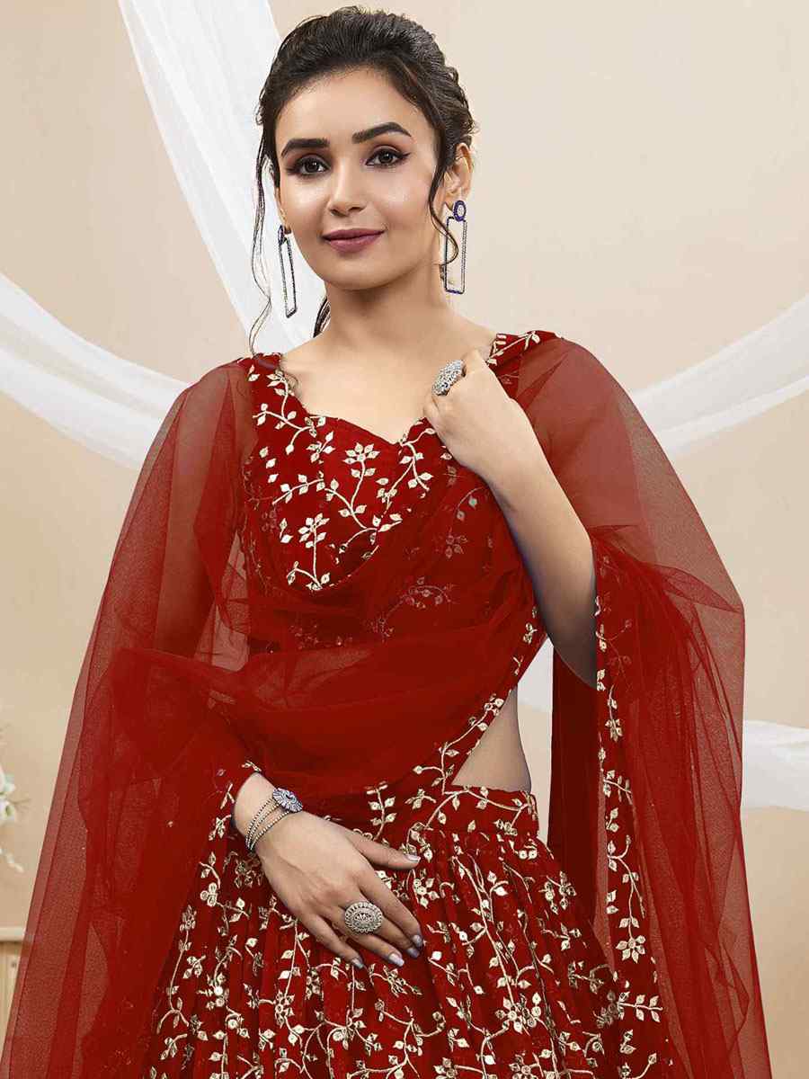 Red Georgette Embroidered Reception Wedding Heavy Border Lehenga Choli