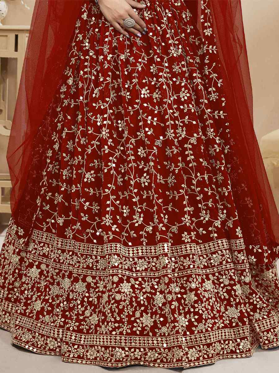 Red Georgette Embroidered Reception Wedding Heavy Border Lehenga Choli