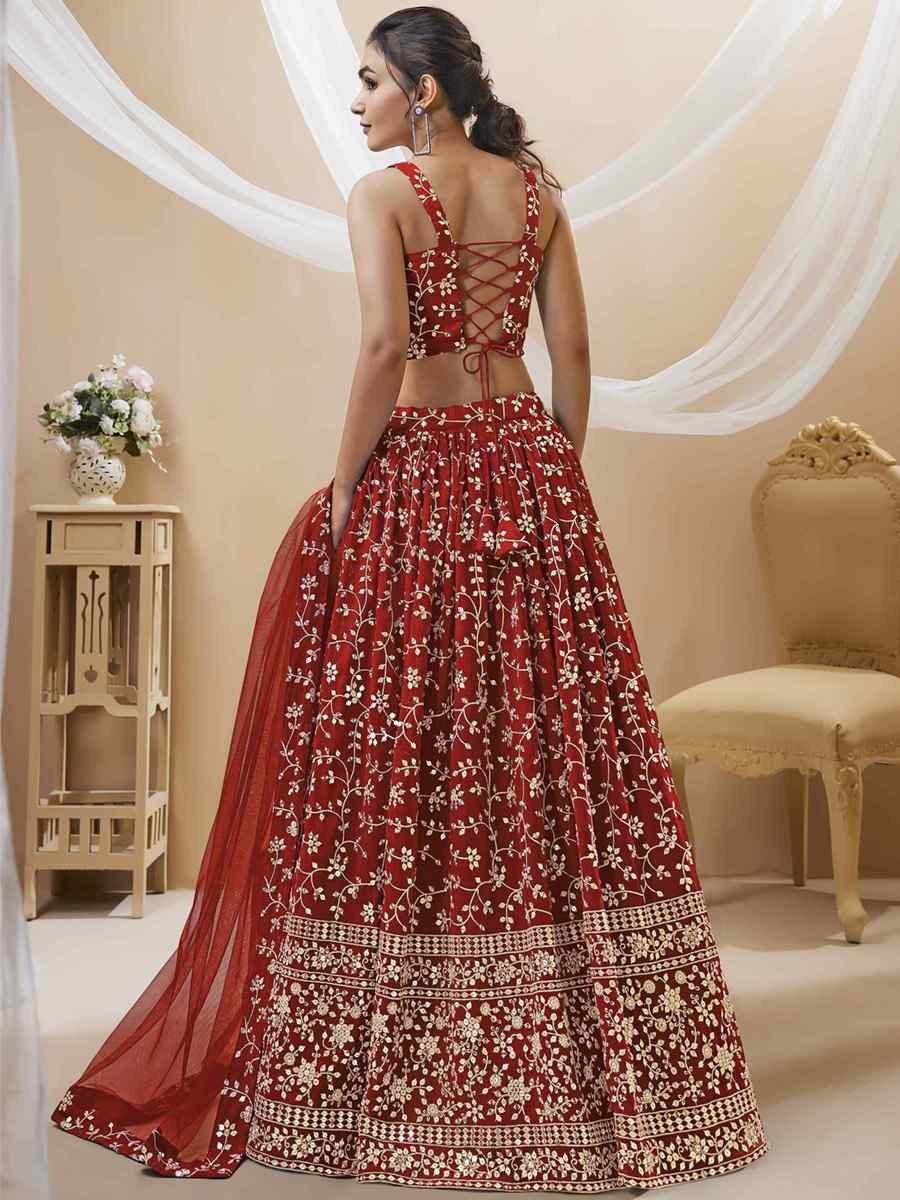 Red Georgette Embroidered Reception Wedding Heavy Border Lehenga Choli