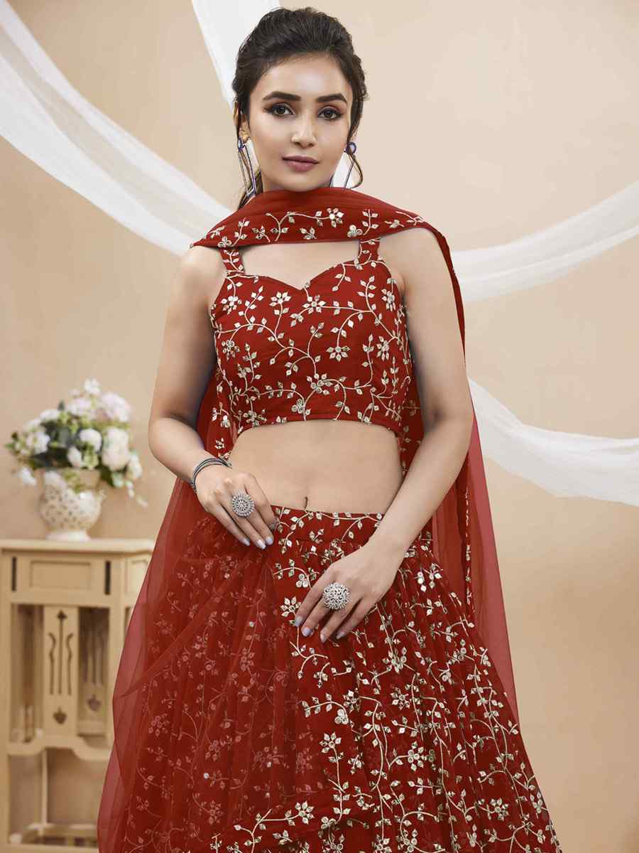 Red Georgette Embroidered Reception Wedding Heavy Border Lehenga Choli