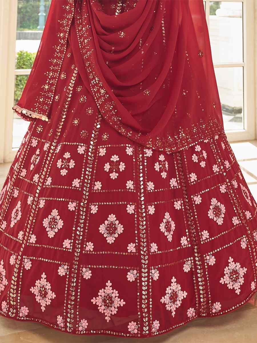 Red Georgette Embroidered Sequins Wedding Festival Circular Lehenga Choli