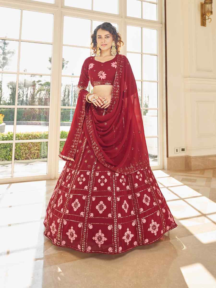 Red Georgette Embroidered Sequins Wedding Festival Circular Lehenga Choli