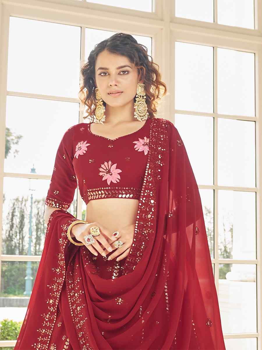 Red Georgette Embroidered Sequins Wedding Festival Circular Lehenga Choli