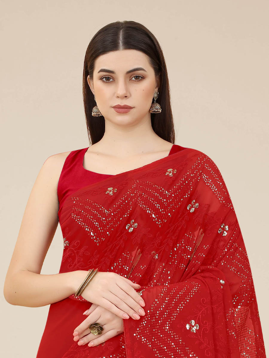 Red Georgette Embroidered Wedding Festival Classic Style Saree