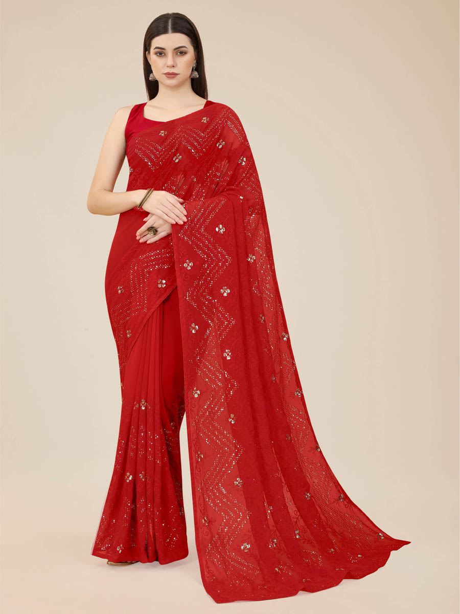Red Georgette Embroidered Wedding Festival Classic Style Saree