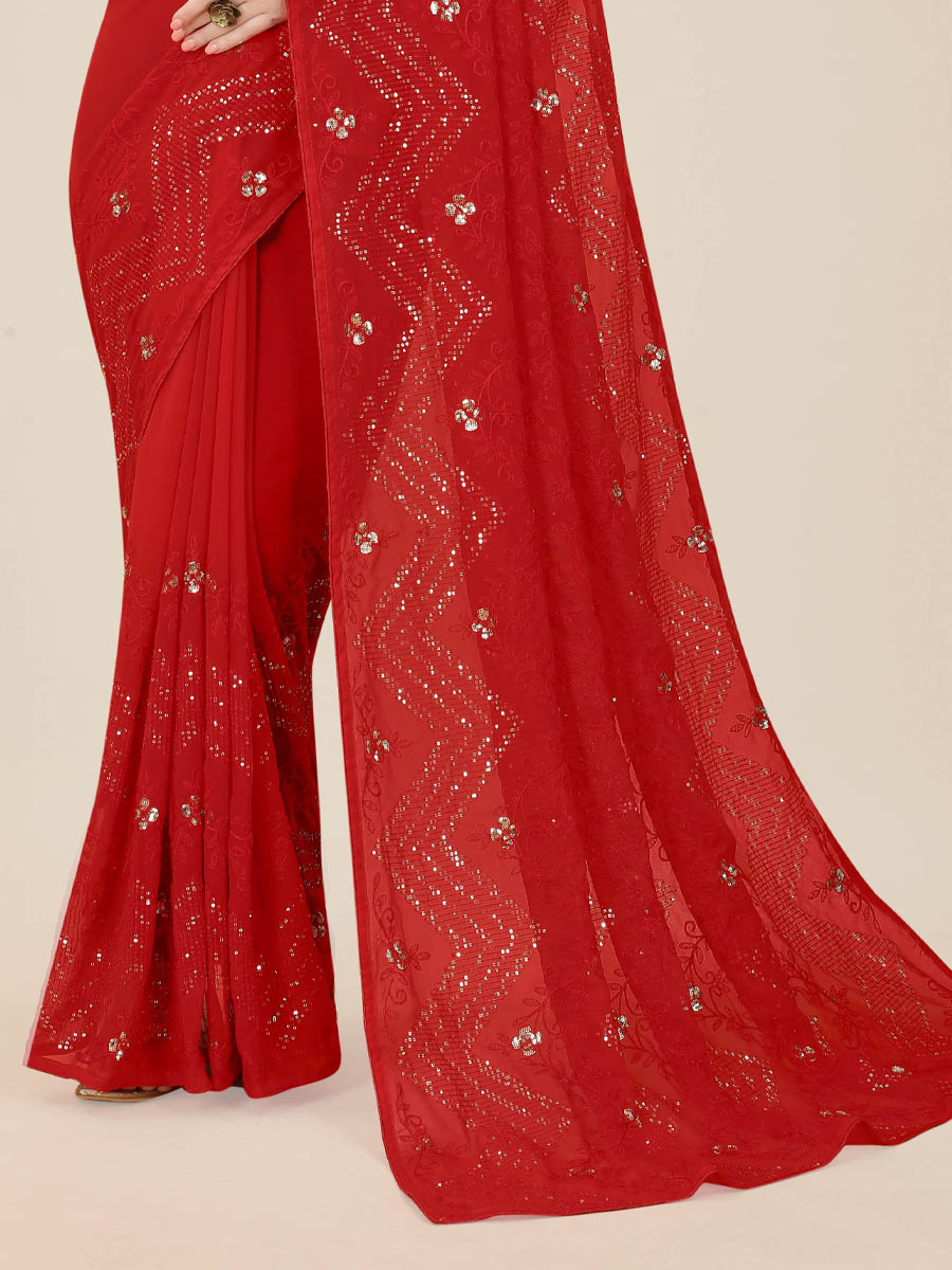Red Georgette Embroidered Wedding Festival Classic Style Saree