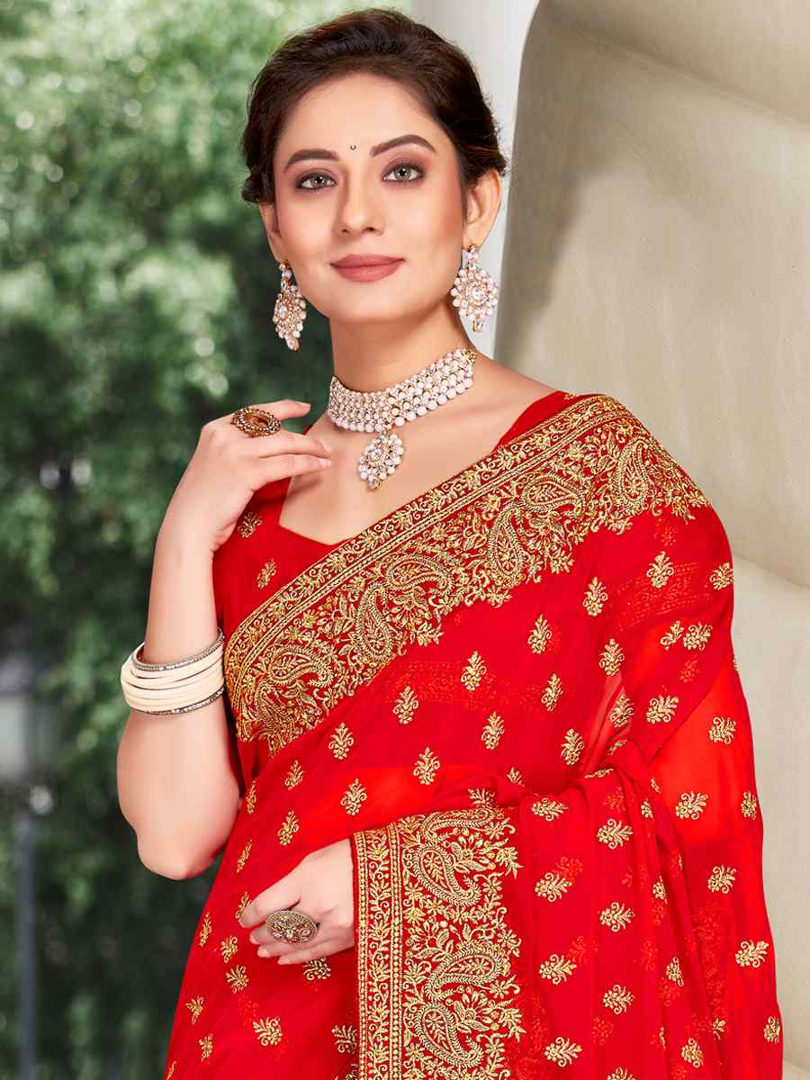 Red Georgette Embroidered Wedding Festival Heavy Border Saree