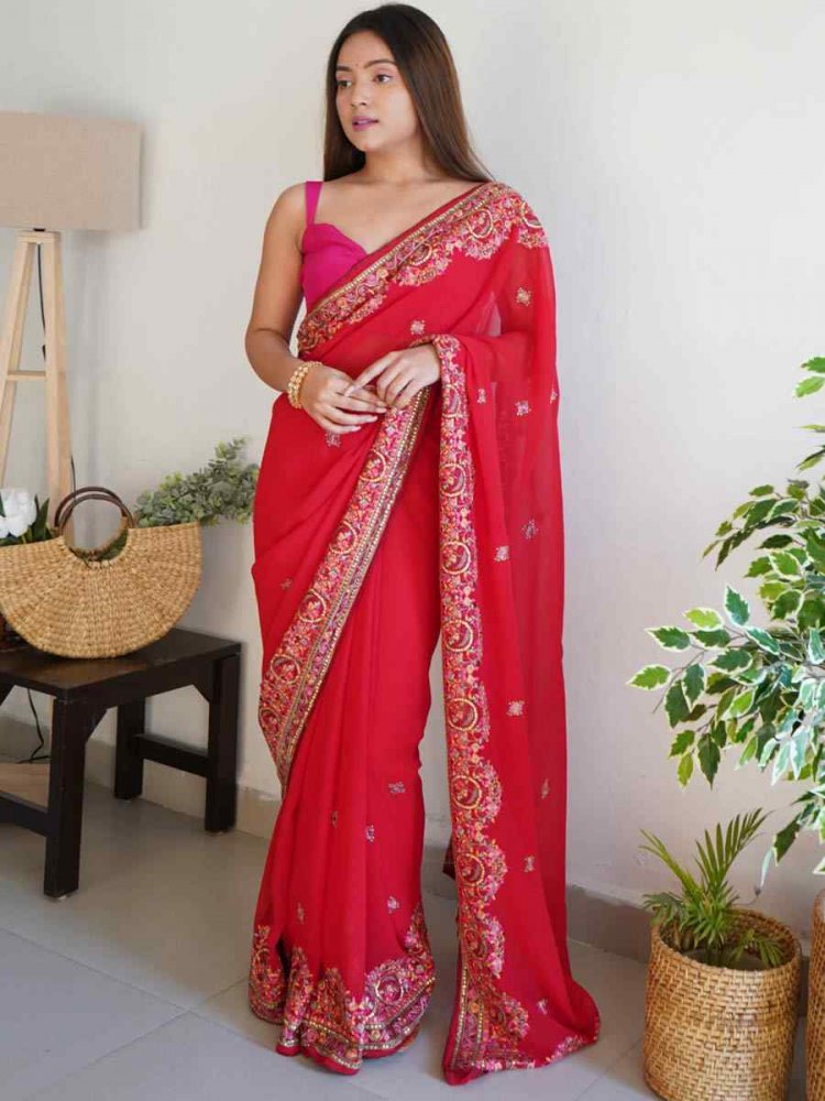 Red Georgette Embroidered Wedding Festival Heavy Border Saree