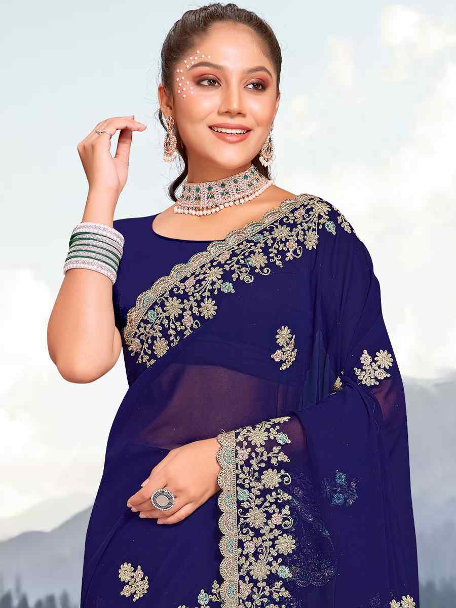 Red Georgette Embroidered Wedding Festival Heavy Border Saree