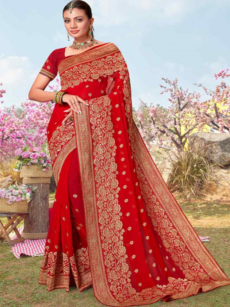 Red Georgette Embroidered Wedding Festival Heavy Border Saree