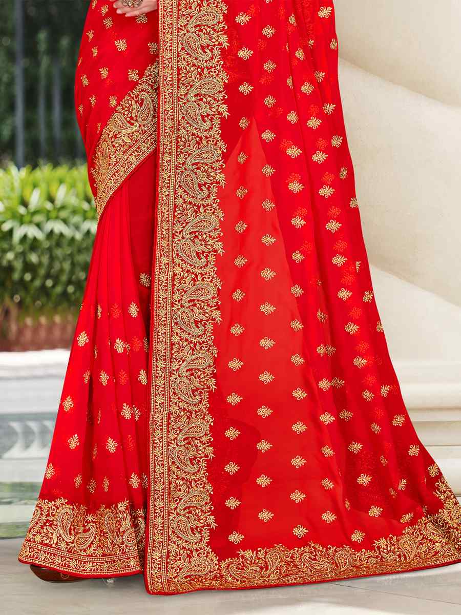 Red Georgette Embroidered Wedding Festival Heavy Border Saree