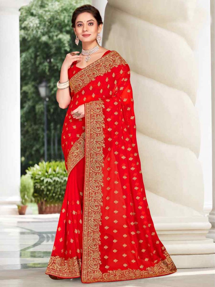 Red Georgette Embroidered Wedding Festival Heavy Border Saree