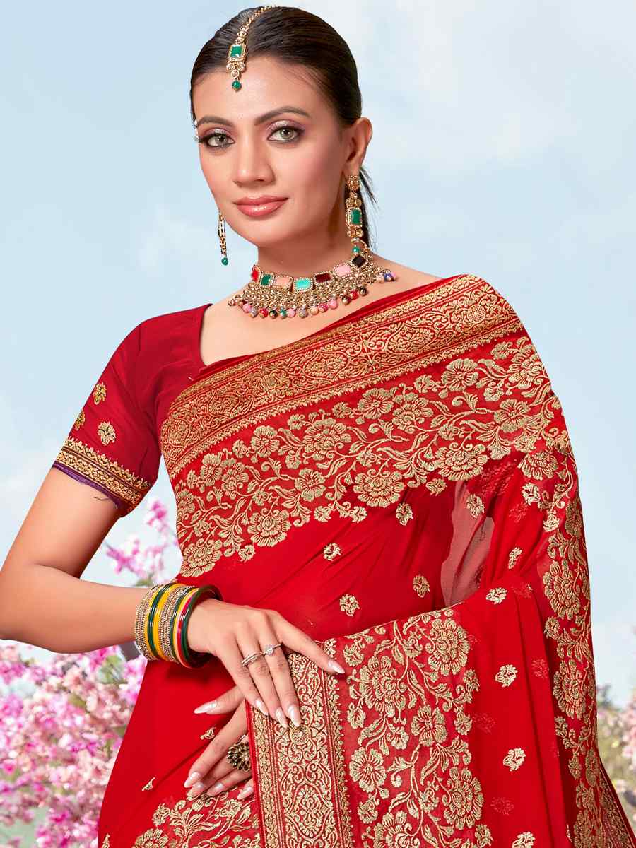 Red Georgette Embroidered Wedding Festival Heavy Border Saree