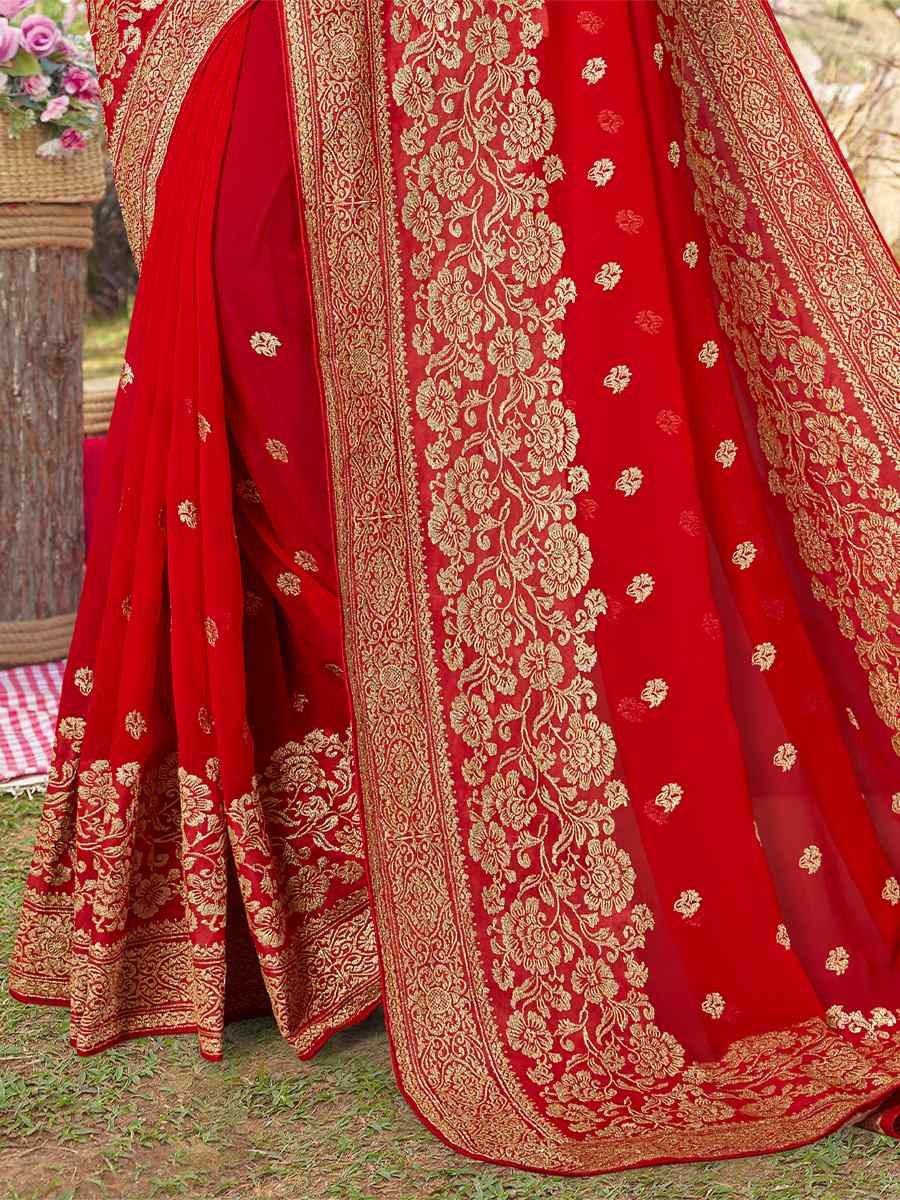 Red Georgette Embroidered Wedding Festival Heavy Border Saree