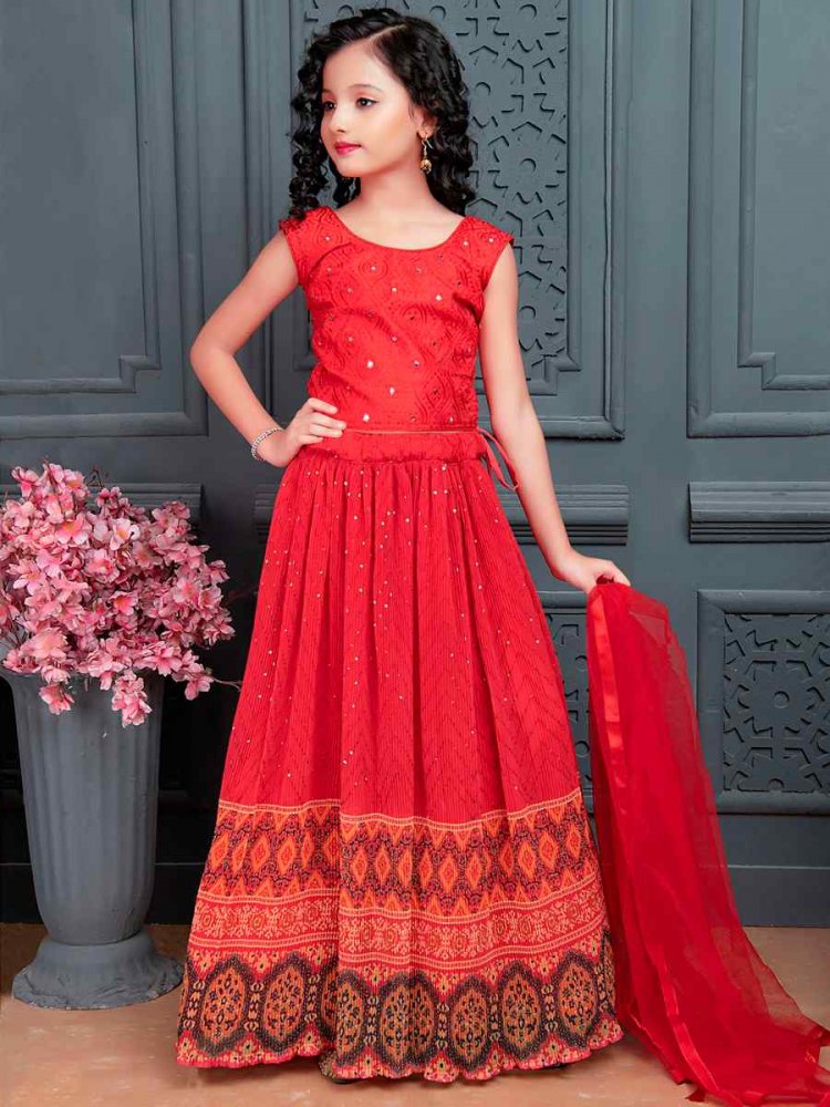 Red Georgette Embroidered Wedding Festival Lehengas Girls Wear