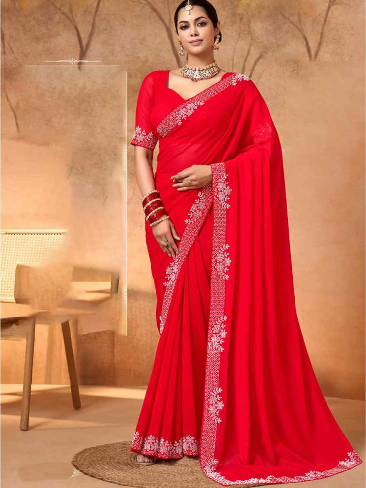Image of Red Georgette Embroidery Bridal Reception Festival Wedding Fancy Heavy Border Saree