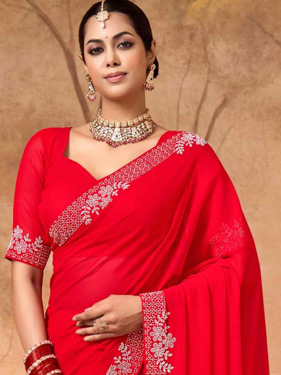 Red Georgette Embroidery Bridal Reception Festival Wedding Fancy Heavy Border Saree