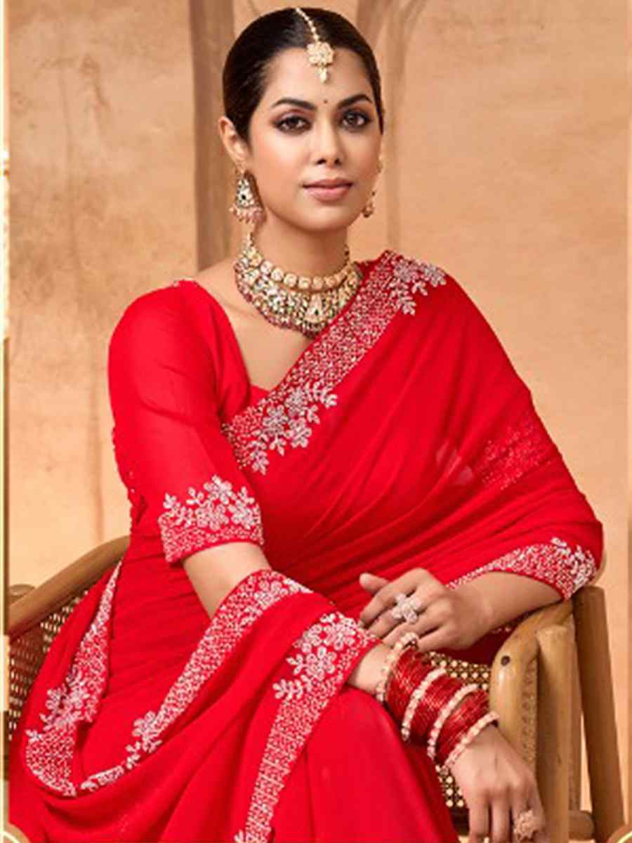 Red Georgette Embroidery Bridal Reception Festival Wedding Fancy Heavy Border Saree
