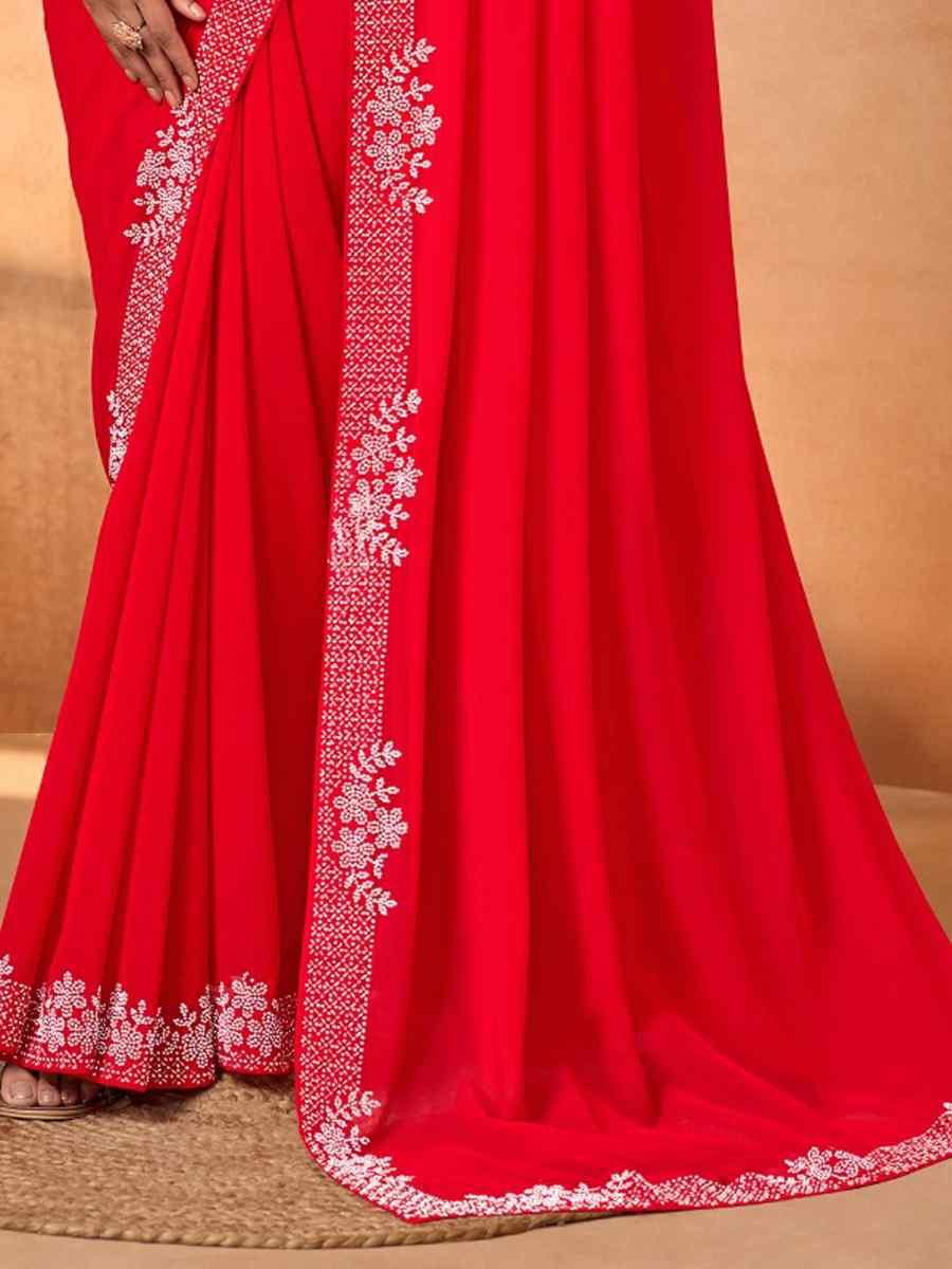 Red Georgette Embroidery Bridal Reception Festival Wedding Fancy Heavy Border Saree
