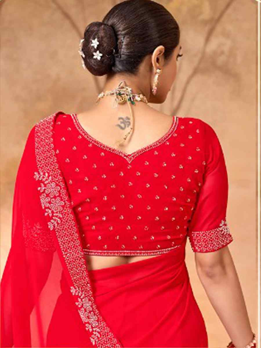 Red Georgette Embroidery Bridal Reception Festival Wedding Fancy Heavy Border Saree