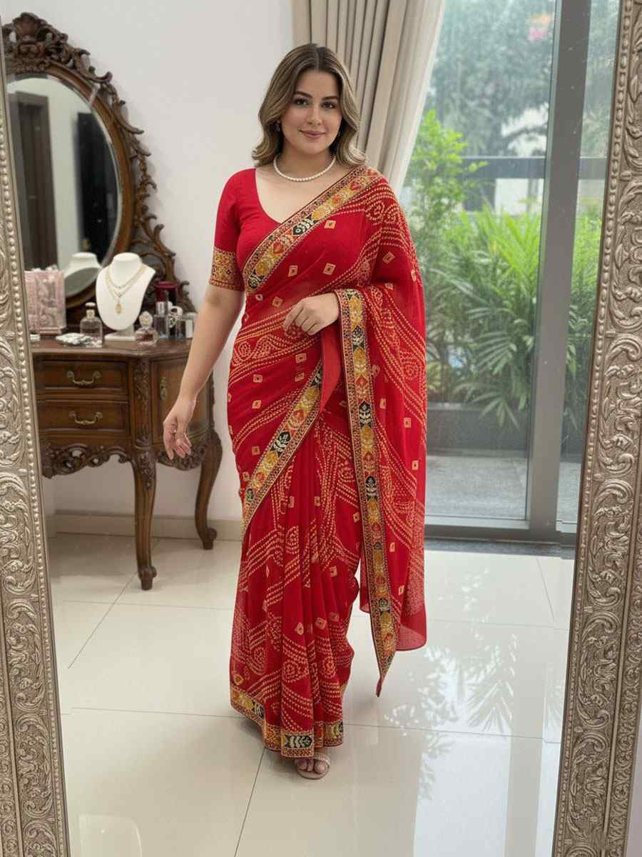 Red Georgette Embroidery Printed Casual Reception Festival Wedding Fancy Classic Style Sarees