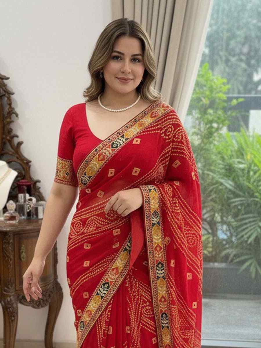 Red Georgette Embroidery Printed Casual Reception Festival Wedding Fancy Classic Style Sarees