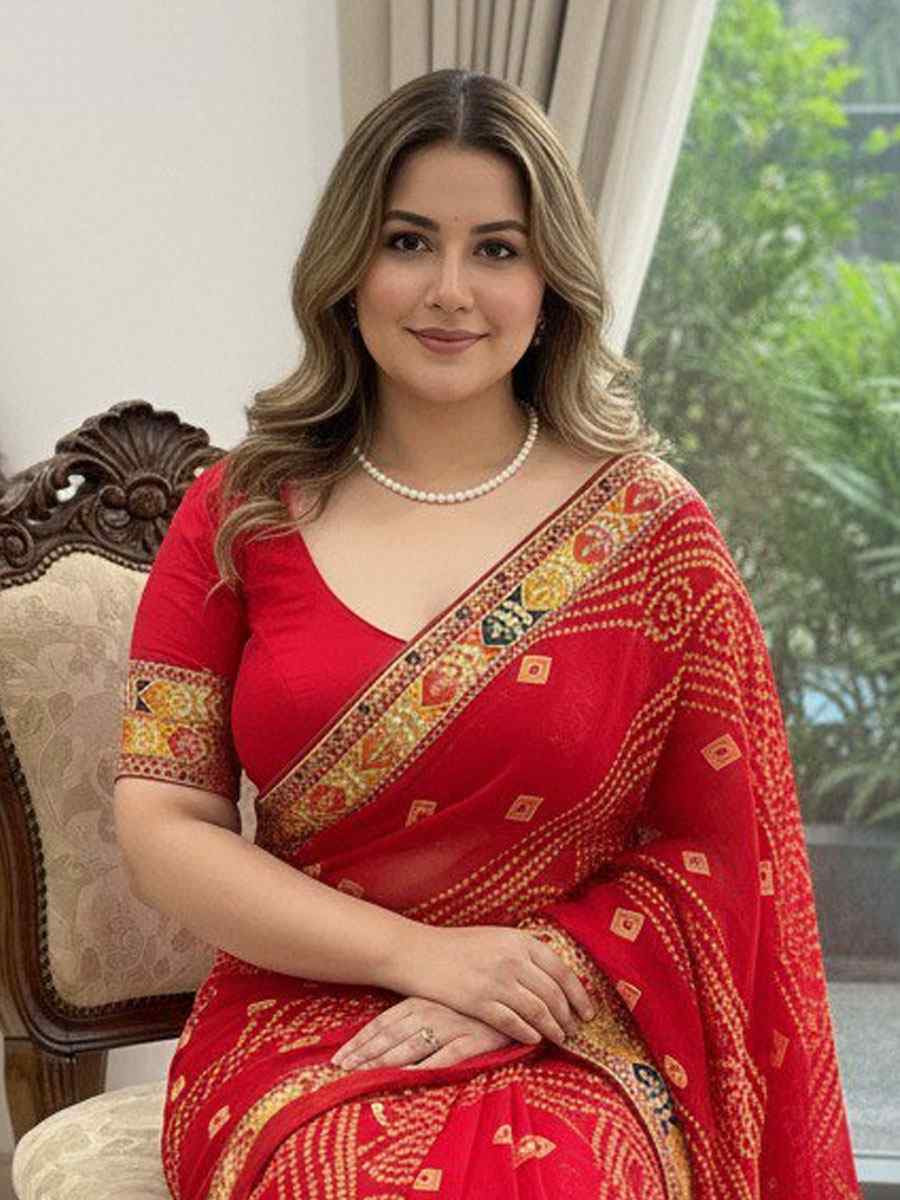 Red Georgette Embroidery Printed Casual Reception Festival Wedding Fancy Classic Style Sarees